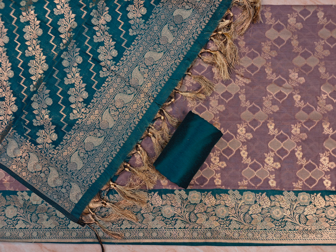 BANARASI SILK ALFI IN LAVENDER WITH FOREST GREEN DUPATTA AND BOTTOM WEAR