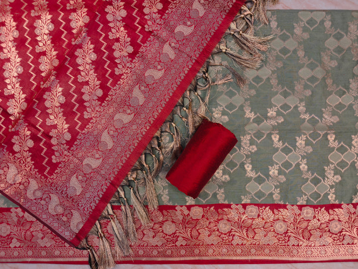 BANARASI SILK ALFI JAAL IN BASIL GREEN WITH RED DUPATTA AND BOTTOM WEAR