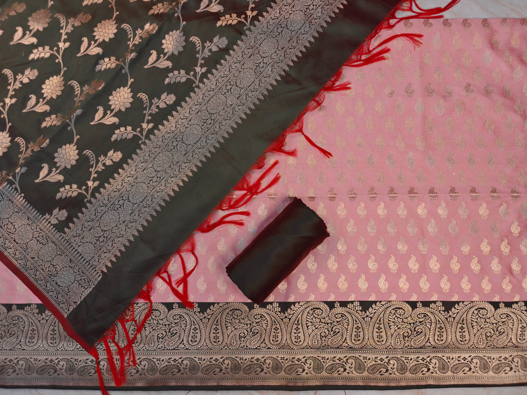 BANARASI SILK IN PINK WITH BOTTLE GREEN DUPATTA AND BOTTOM WEAR