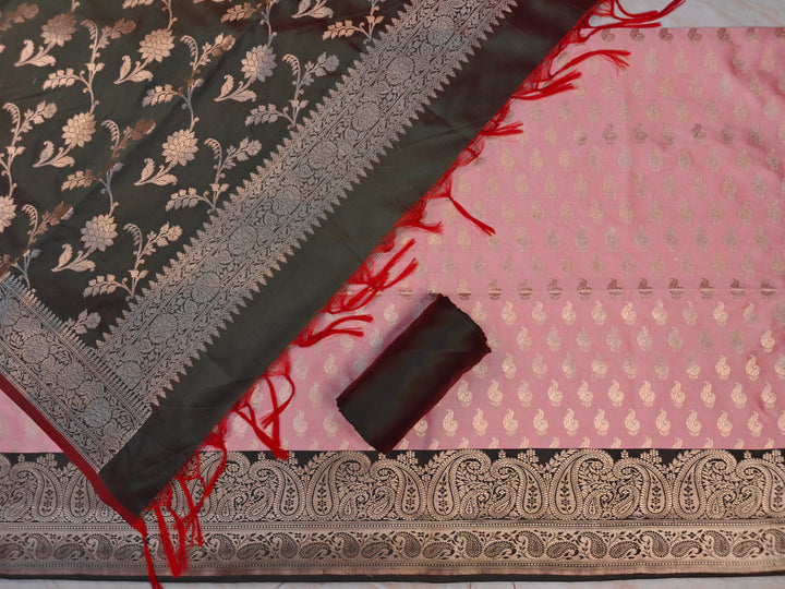 BANARASI SILK IN PINK WITH BOTTLE GREEN DUPATTA AND BOTTOM WEAR