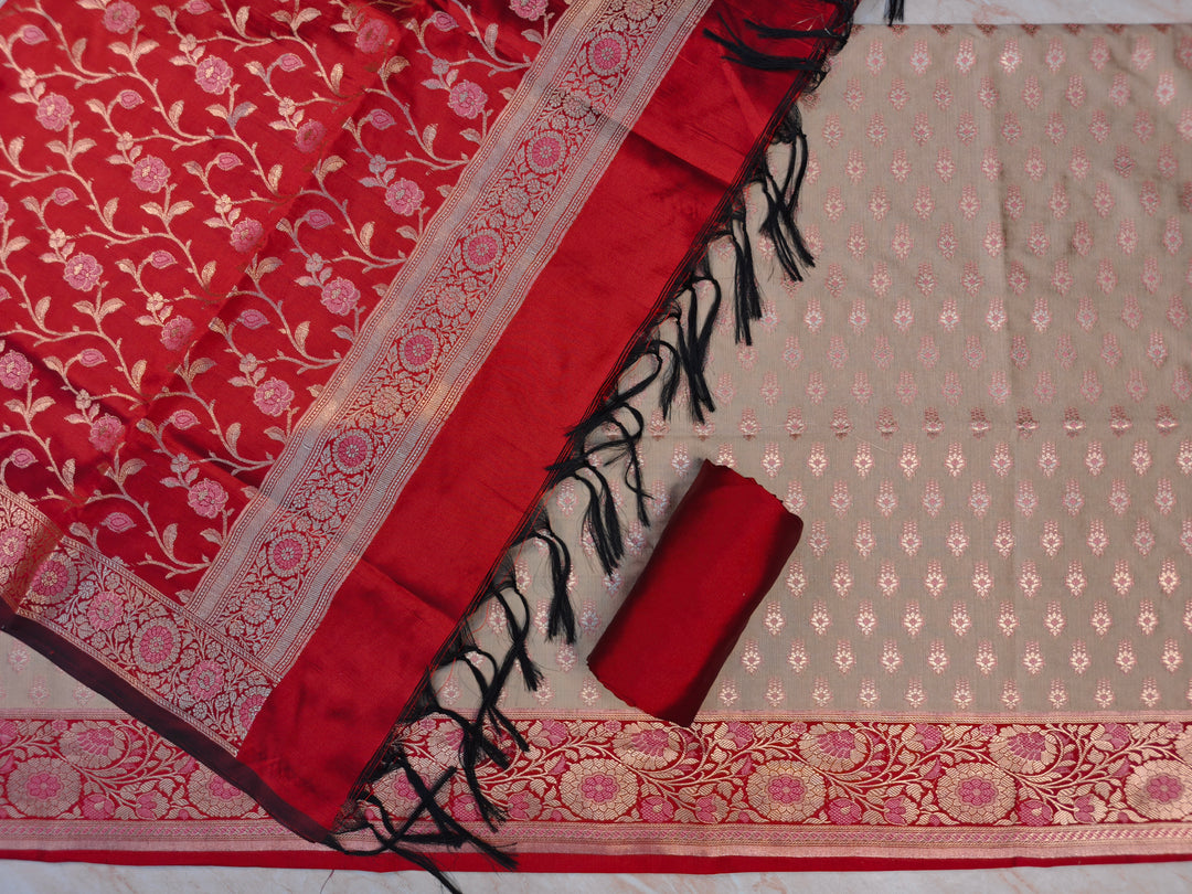 BANARASI SILK IN CREAM WITH RED DUPATTA AND BOTTOM WEAR