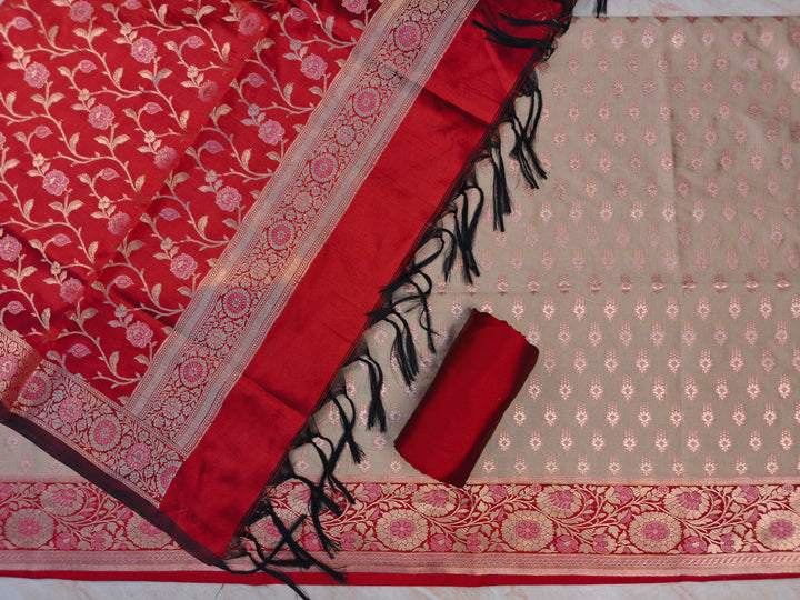 BANARASI SILK IN CREAM WITH RED DUPATTA AND BOTTOM WEAR