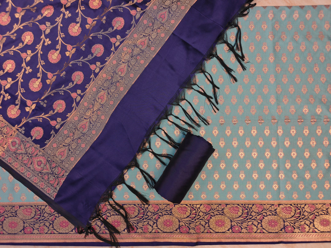 BANARASI SILK IN SKY BLUE WITH INDIGO DUPATTA AND BOTTOM WEAR