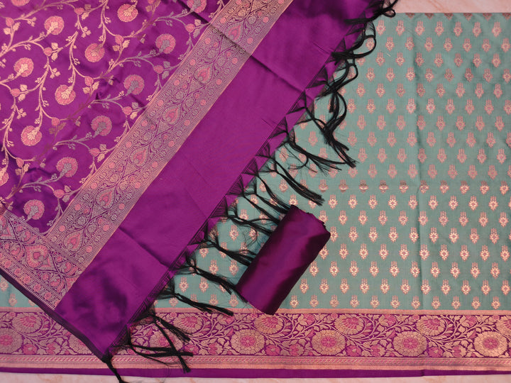 BANARASI SILK IN PISTA GREEN WITH MAGENTA DUPATTA AND BOTTOM WEAR