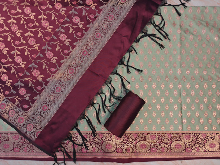 BANARASI SILK IN PISTA GREEN WITH VINE COLOUR DUPATTA AND BOTTOM WEAR