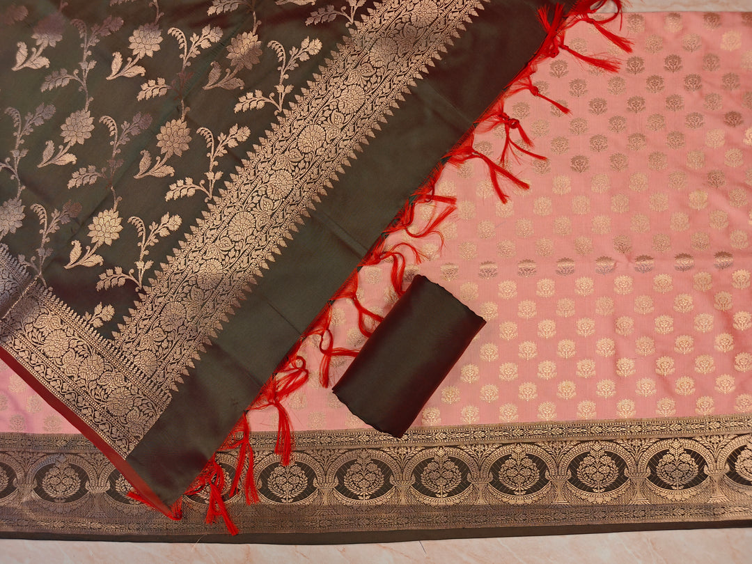BANARASI SILK IN PEACH WITH BOTTLE GREEN SHALWAR AND DUPATTA