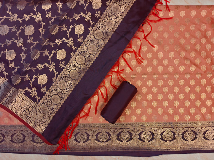 BANARASI SILK IN PEACH SHIRT WITH MAGENTA SHALWAR AND DUPATTA