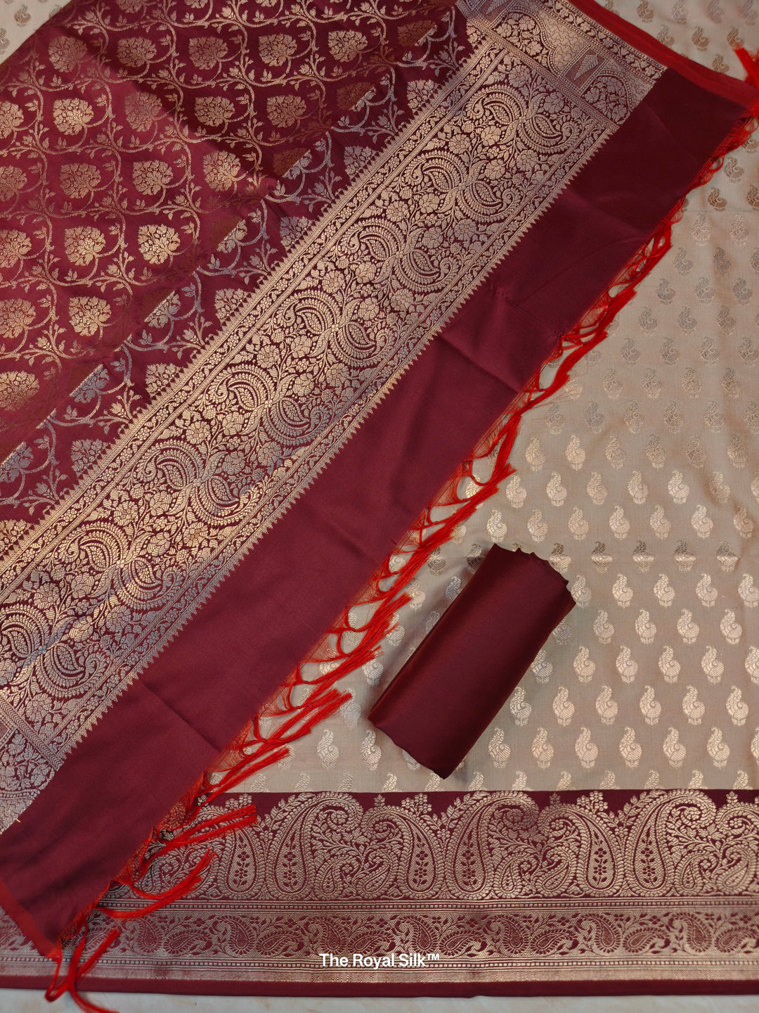 BANARASI SILK IN TASAR WITH MAROON DUPATTA AND BOTTOM WEAR