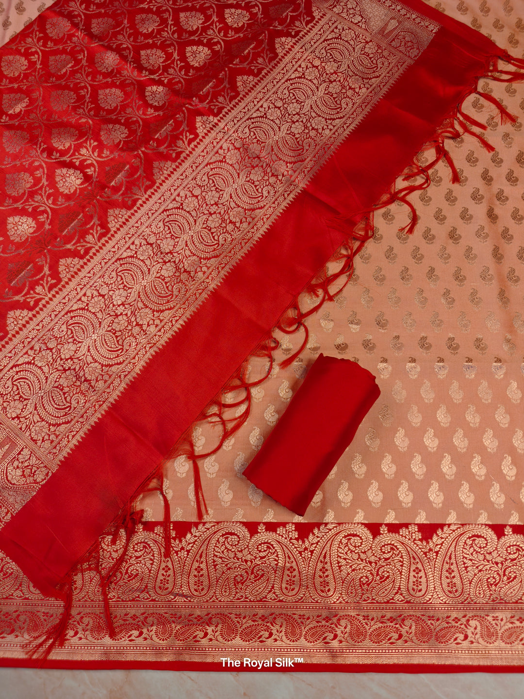 BANARASI SILK IN PEACH WITH RED DUPATTA AND BOTTOM WEAR
