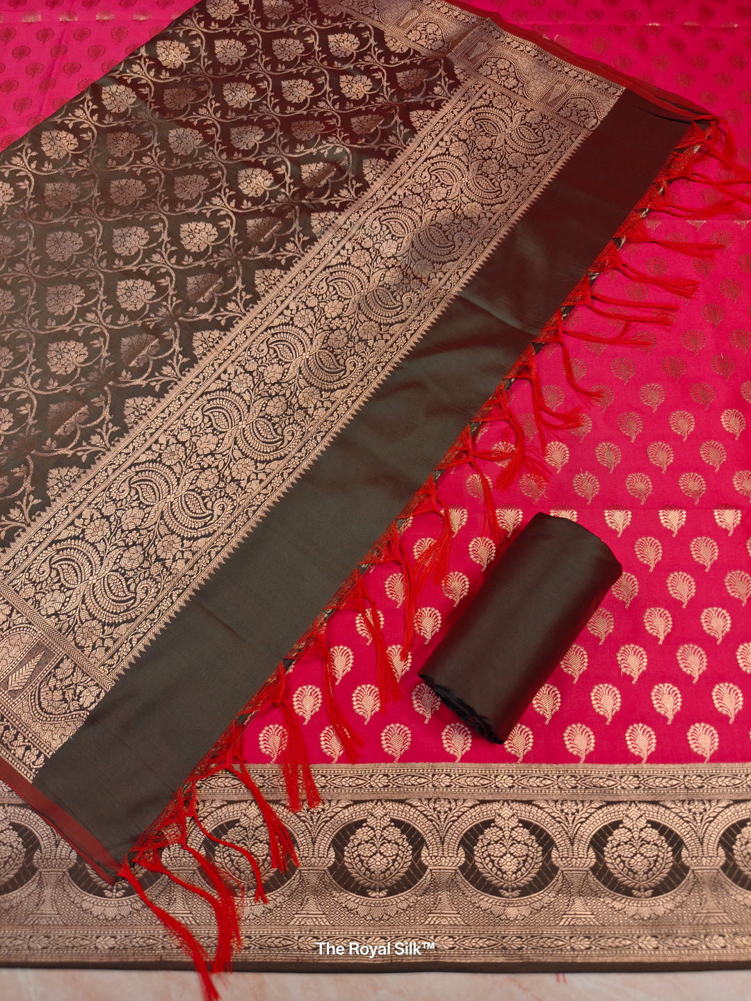 BANARASI SILK IN BRIGHT RED WITH CHOCOLATE DUPATTA AND BOTTOM WEAR