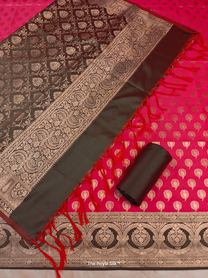 BANARASI SILK IN BRIGHT RED WITH CHOCOLATE DUPATTA AND BOTTOM WEAR