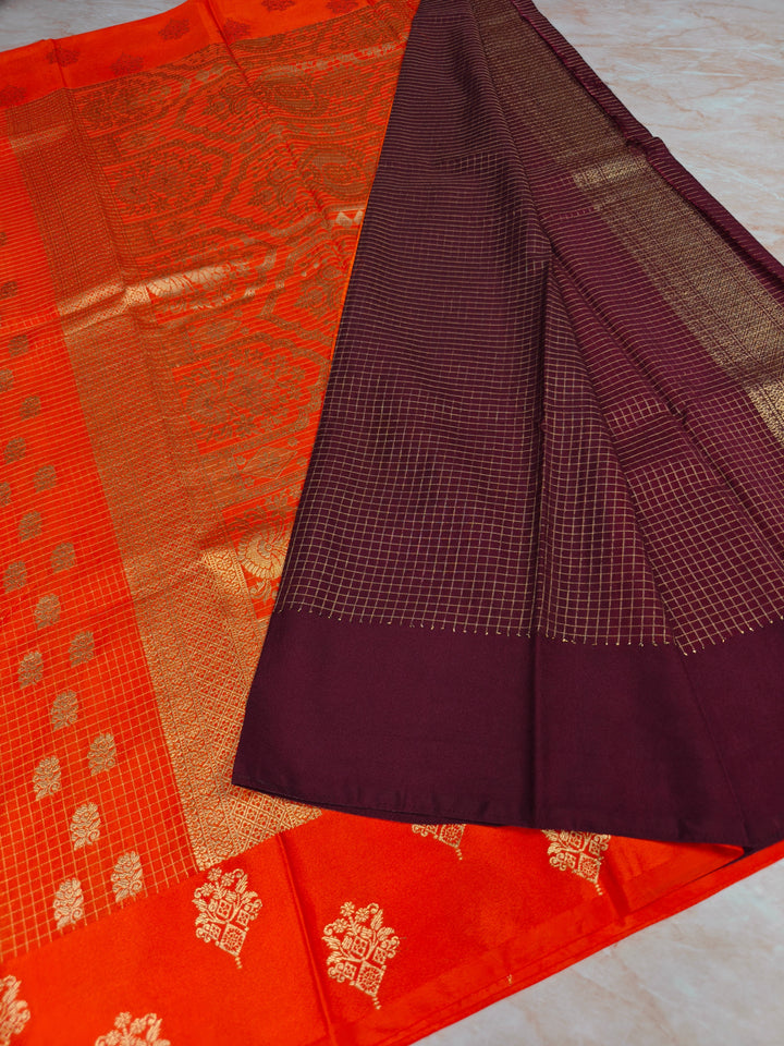 CREPE GEORGETTE IN TANGY ORANGE WITH CHECKS WORK