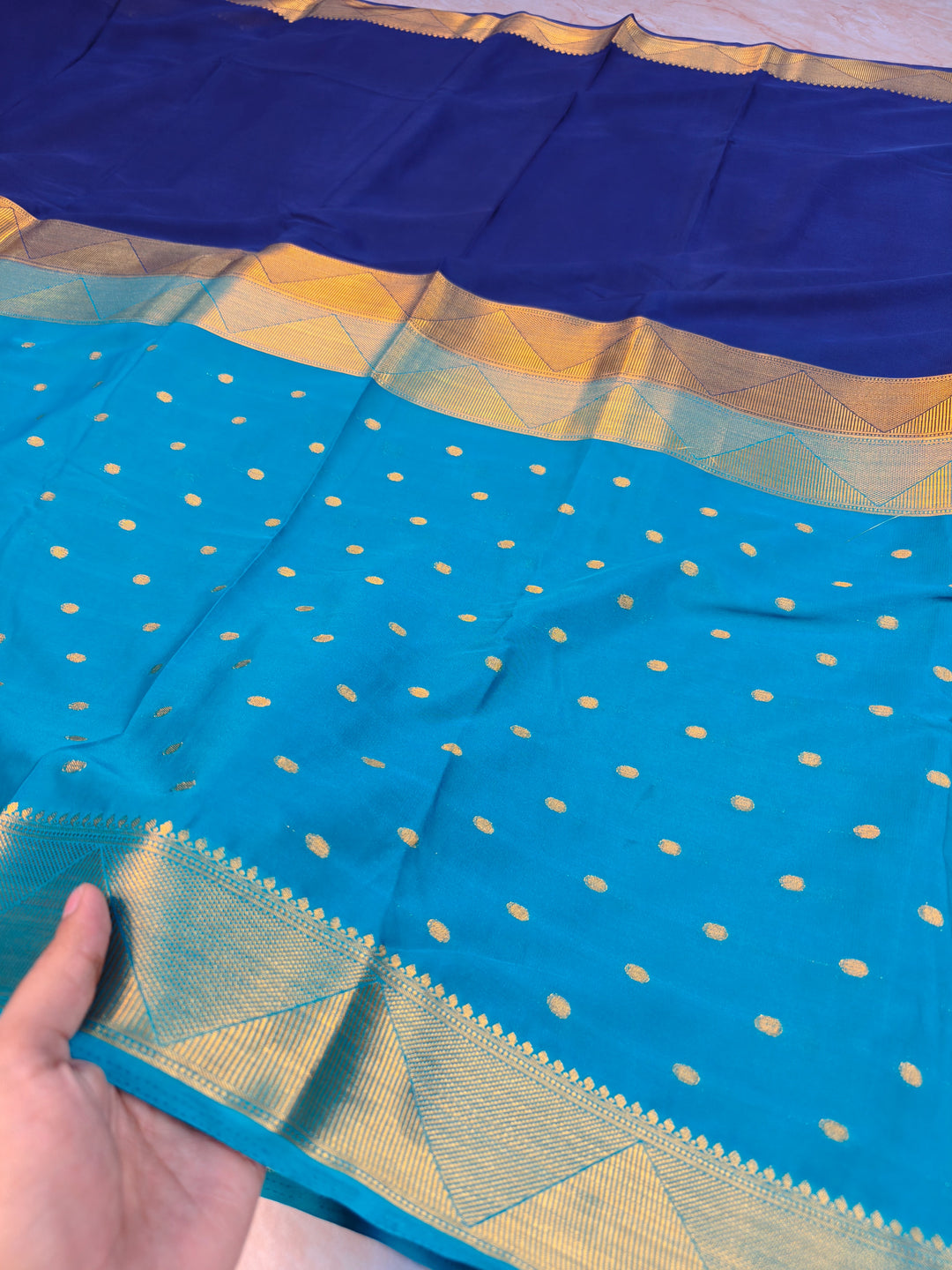 MYSORE CREPE IN ROYAL BLUE WITH NAVY BLUE