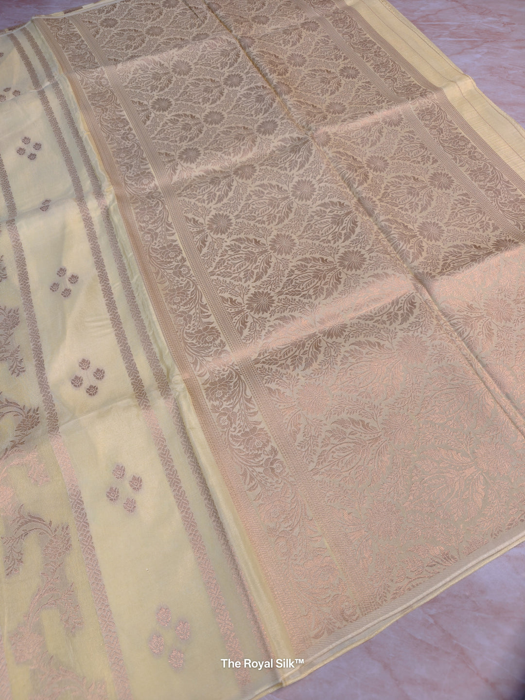 RUSSIAN SILK IN CREAM WITH ANTIQUE ZARI WORK IN VERTICAL PATTERN