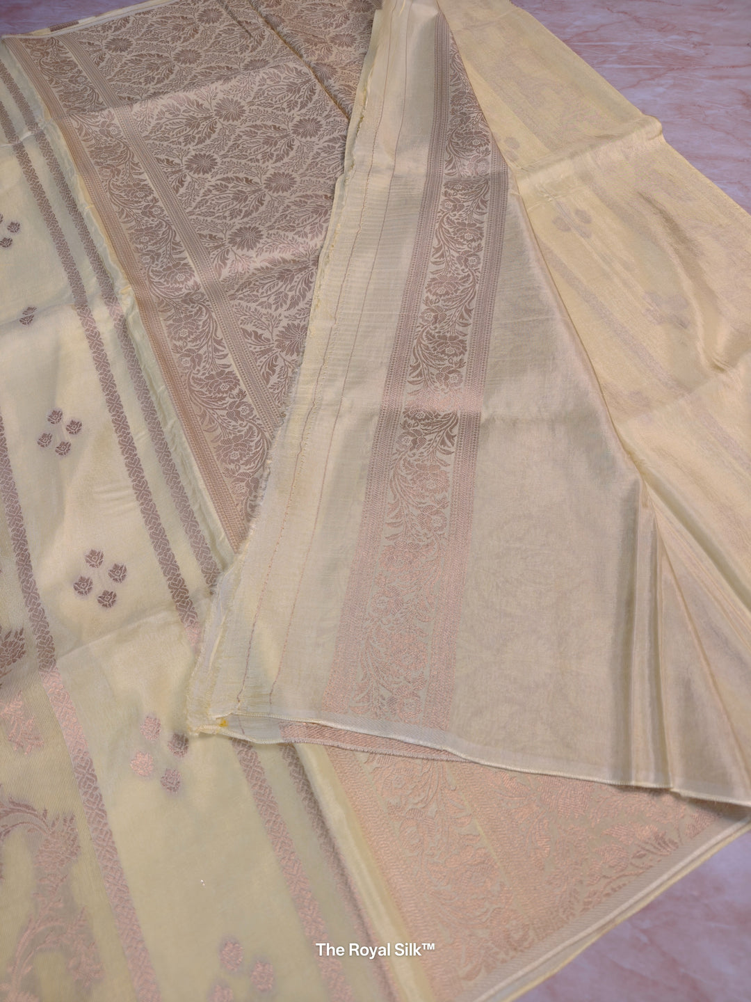 RUSSIAN SILK IN CREAM WITH ANTIQUE ZARI WORK IN VERTICAL PATTERN