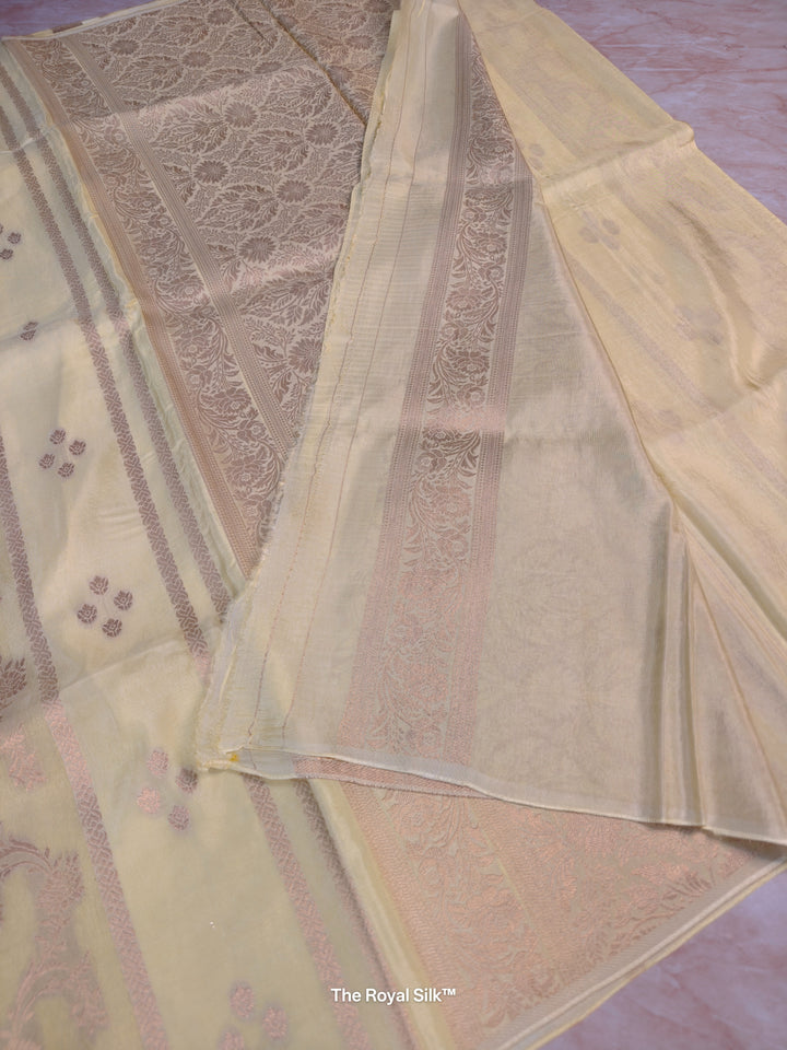 RUSSIAN SILK IN CREAM WITH ANTIQUE ZARI WORK IN VERTICAL PATTERN