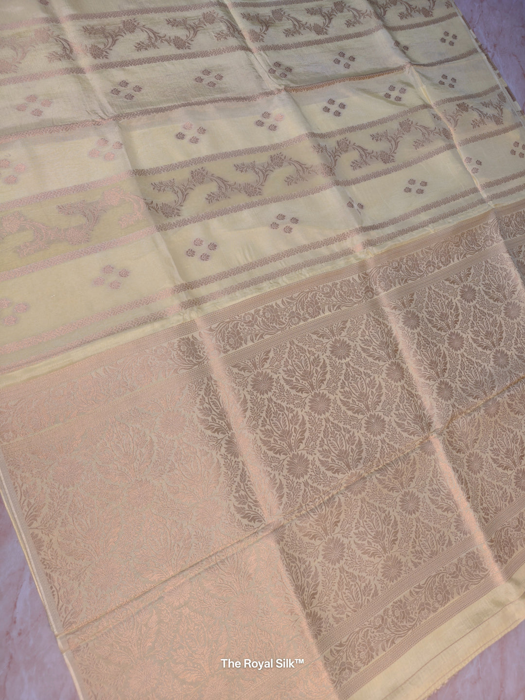 RUSSIAN SILK IN CREAM WITH ANTIQUE ZARI WORK IN VERTICAL PATTERN