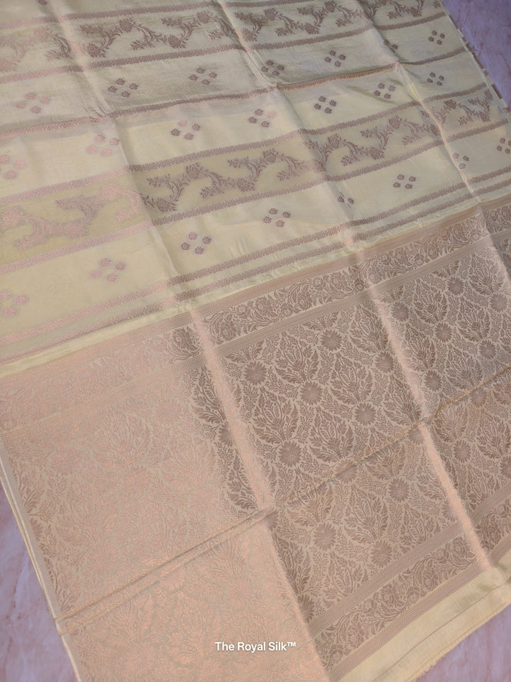 RUSSIAN SILK IN CREAM WITH ANTIQUE ZARI WORK IN VERTICAL PATTERN