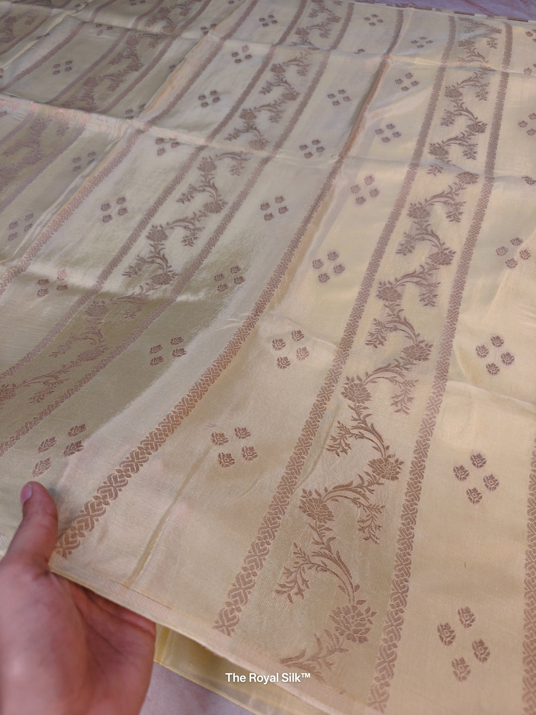 RUSSIAN SILK IN CREAM WITH ANTIQUE ZARI WORK IN VERTICAL PATTERN