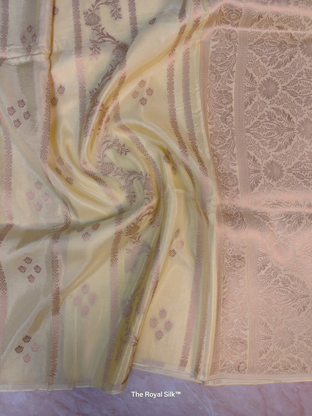 RUSSIAN SILK IN CREAM WITH ANTIQUE ZARI WORK IN VERTICAL PATTERN