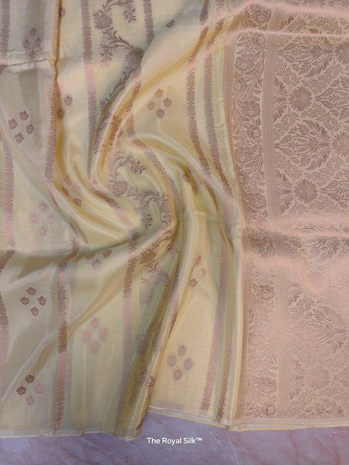 RUSSIAN SILK IN CREAM WITH ANTIQUE ZARI WORK IN VERTICAL PATTERN