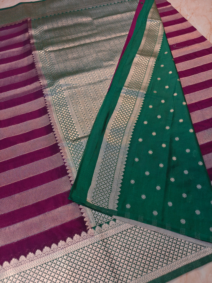 CREPE GEROGETTE IN MAGETA AND SILVER ZARI WORK WITH BOTTLE GREEN BORDER