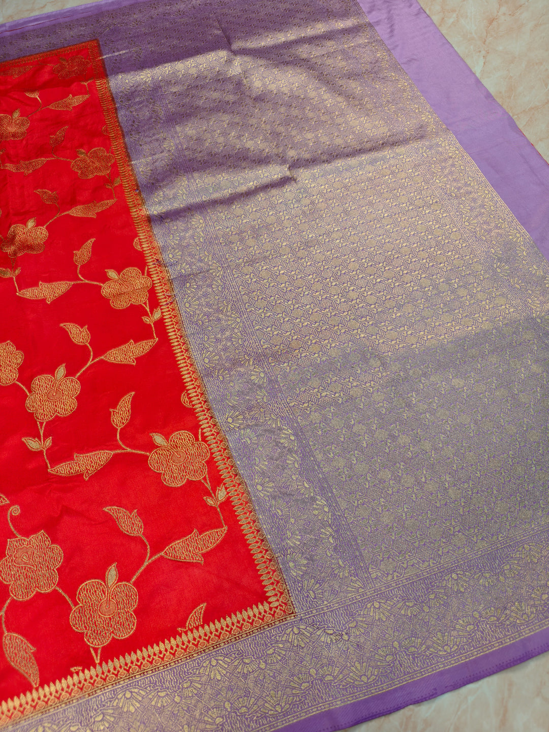 RUSSIAN SILK VISCOS IN RED WITH LAVENDER BORDER