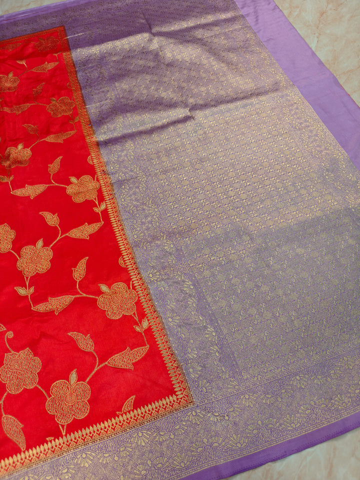 RUSSIAN SILK VISCOS IN RED WITH LAVENDER BORDER