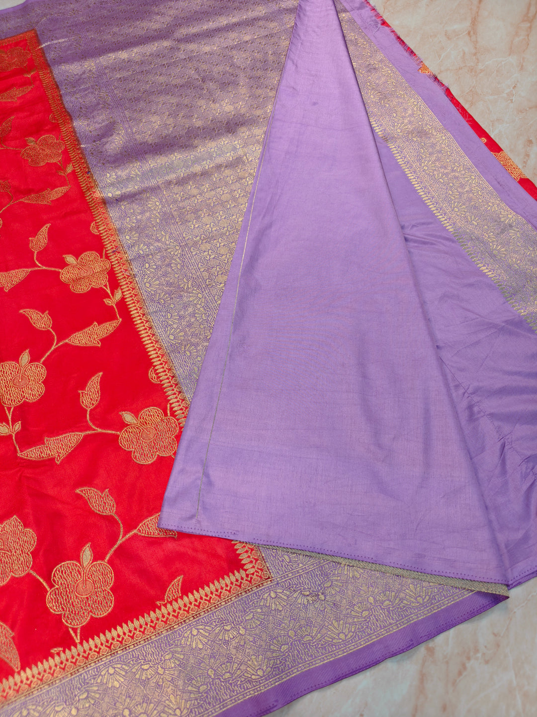 RUSSIAN SILK VISCOS IN RED WITH LAVENDER BORDER