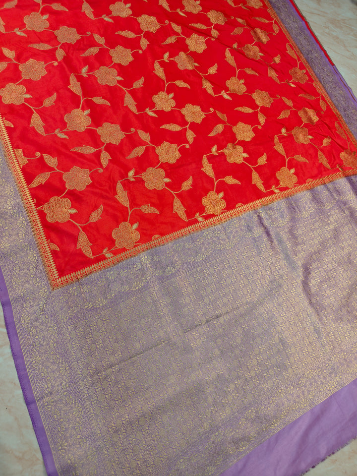 RUSSIAN SILK VISCOS IN RED WITH LAVENDER BORDER