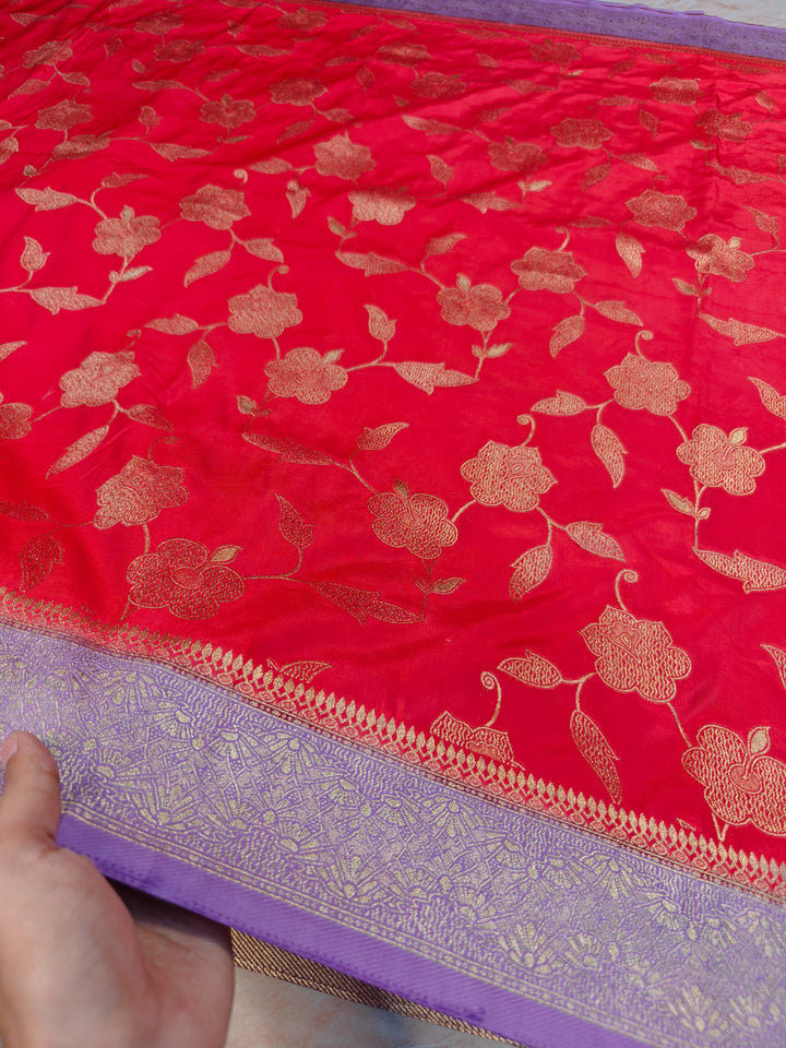 RUSSIAN SILK VISCOS IN RED WITH LAVENDER BORDER