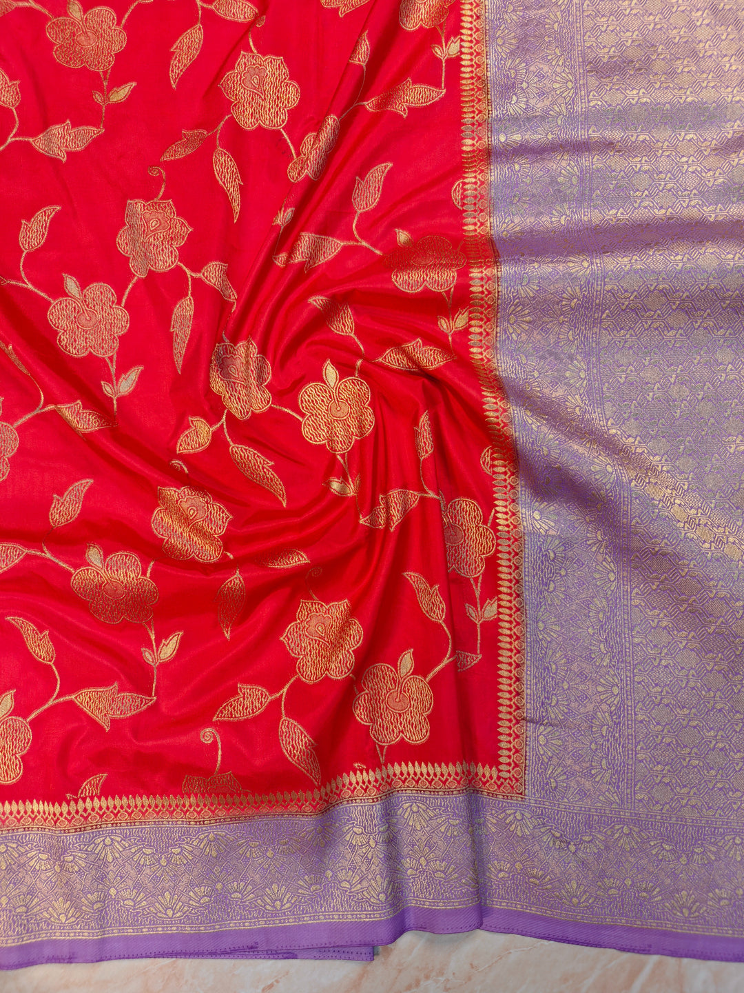 RUSSIAN SILK VISCOS IN RED WITH LAVENDER BORDER
