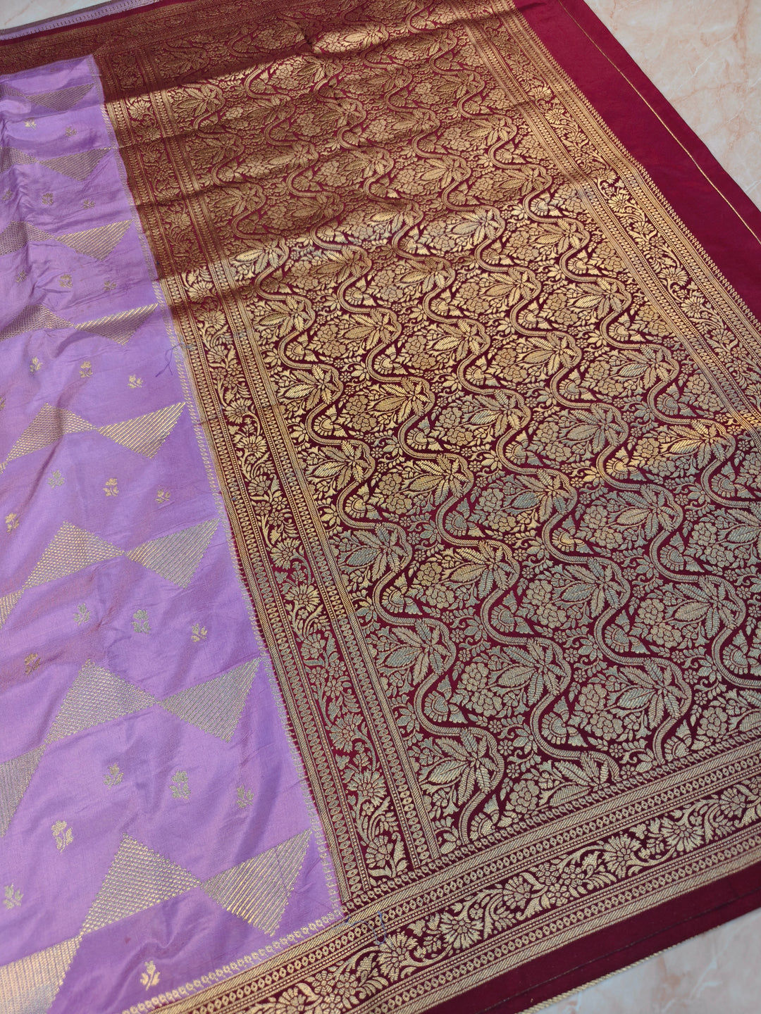 MASHRU KATAN IN LAVENDER WITH GARNET BORDER