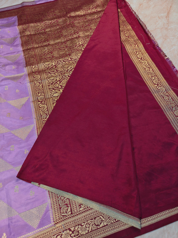 MASHRU KATAN IN LAVENDER WITH GARNET BORDER