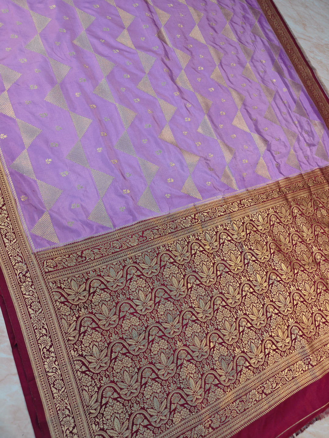 MASHRU KATAN IN LAVENDER WITH GARNET BORDER