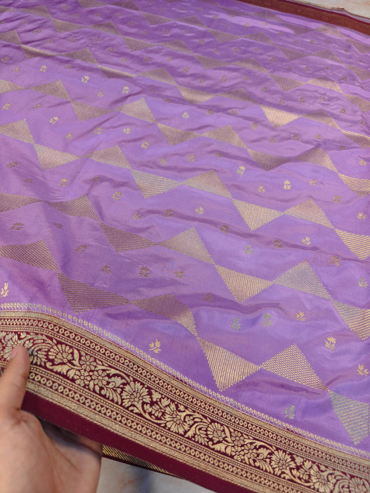 MASHRU KATAN IN LAVENDER WITH GARNET BORDER