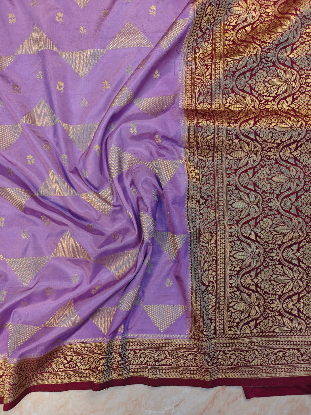 MASHRU KATAN IN LAVENDER WITH GARNET BORDER