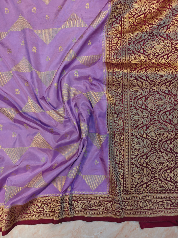 MASHRU KATAN IN LAVENDER WITH GARNET BORDER