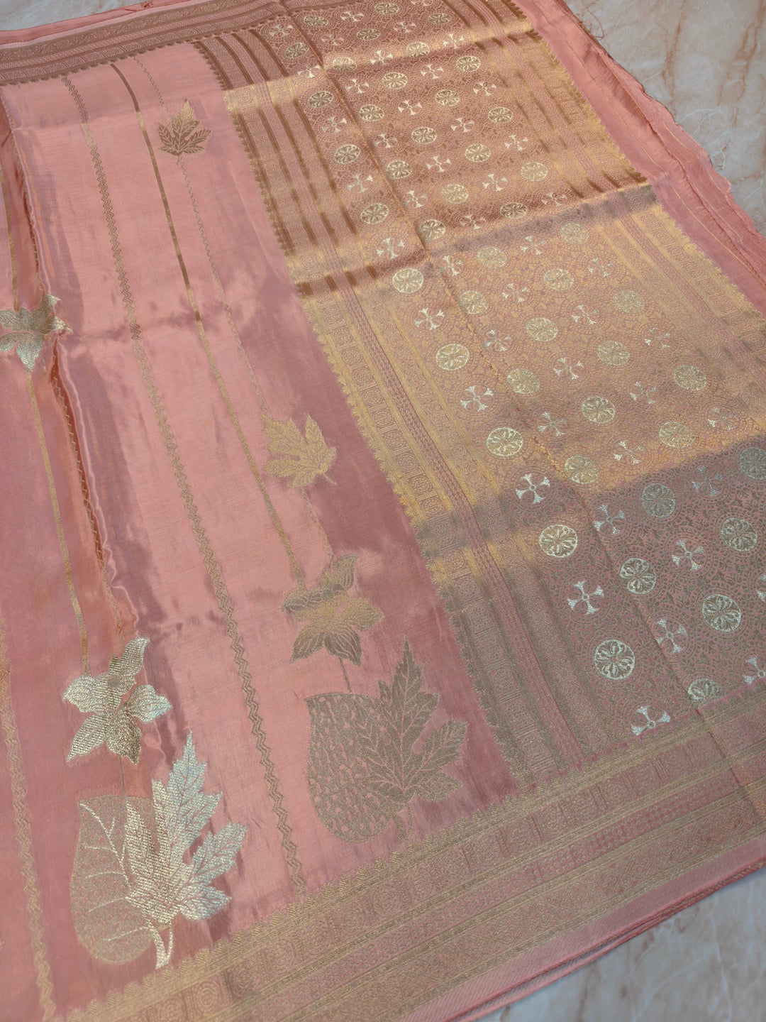 KOREAN SILK IN PEACH WITH GOLD AND SILVER ZARI WORK