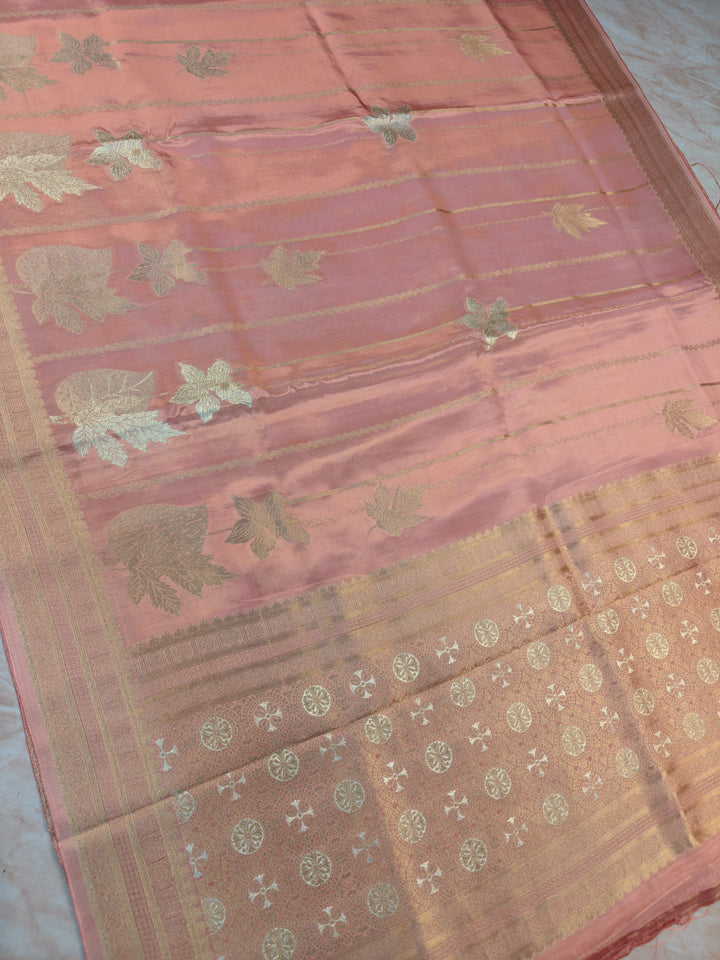 KOREAN SILK IN PEACH WITH GOLD AND SILVER ZARI WORK