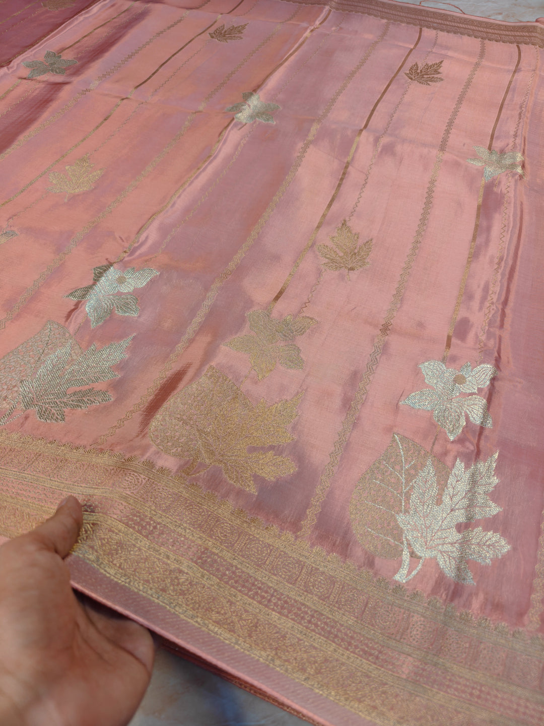KOREAN SILK IN PEACH WITH GOLD AND SILVER ZARI WORK