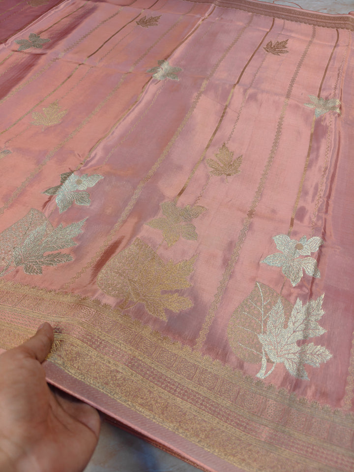 KOREAN SILK IN PEACH WITH GOLD AND SILVER ZARI WORK