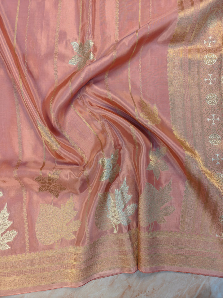 KOREAN SILK IN PEACH WITH GOLD AND SILVER ZARI WORK