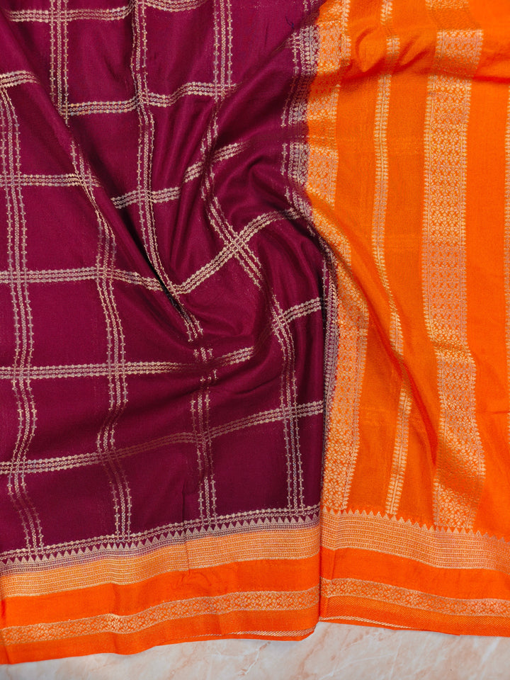 KHADDI GEORGETTE IN GARNET WITH TANGY ORANGE BORDER