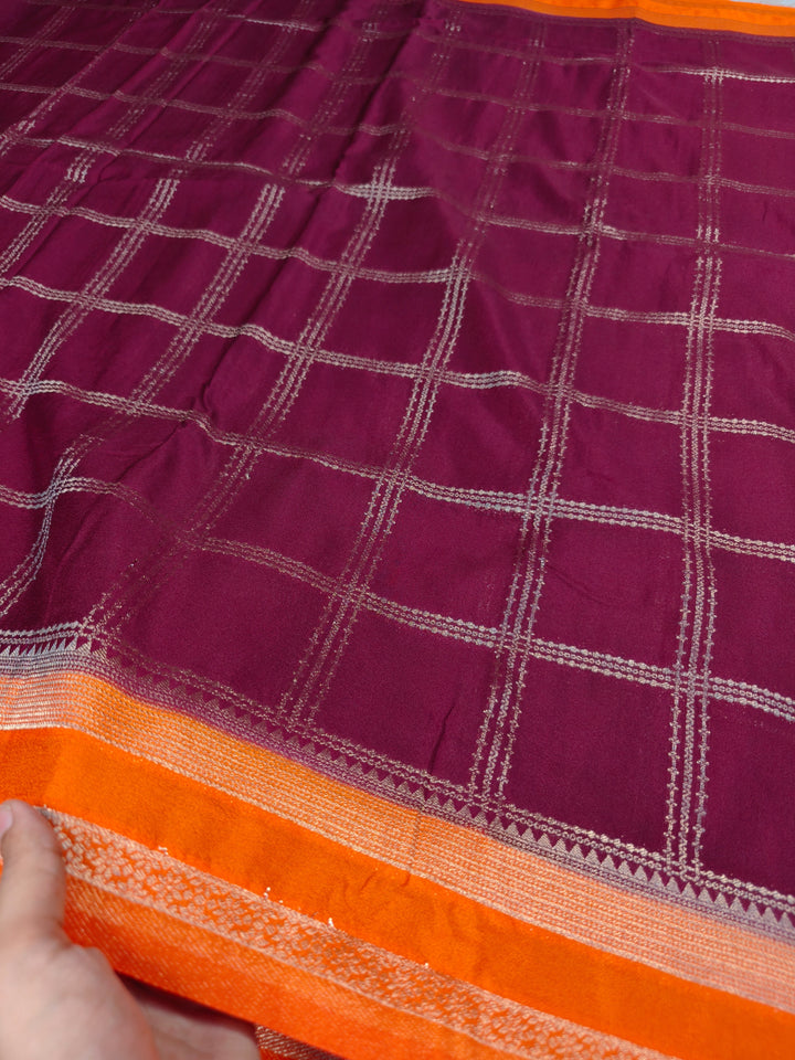 KHADDI GEORGETTE IN GARNET WITH TANGY ORANGE BORDER