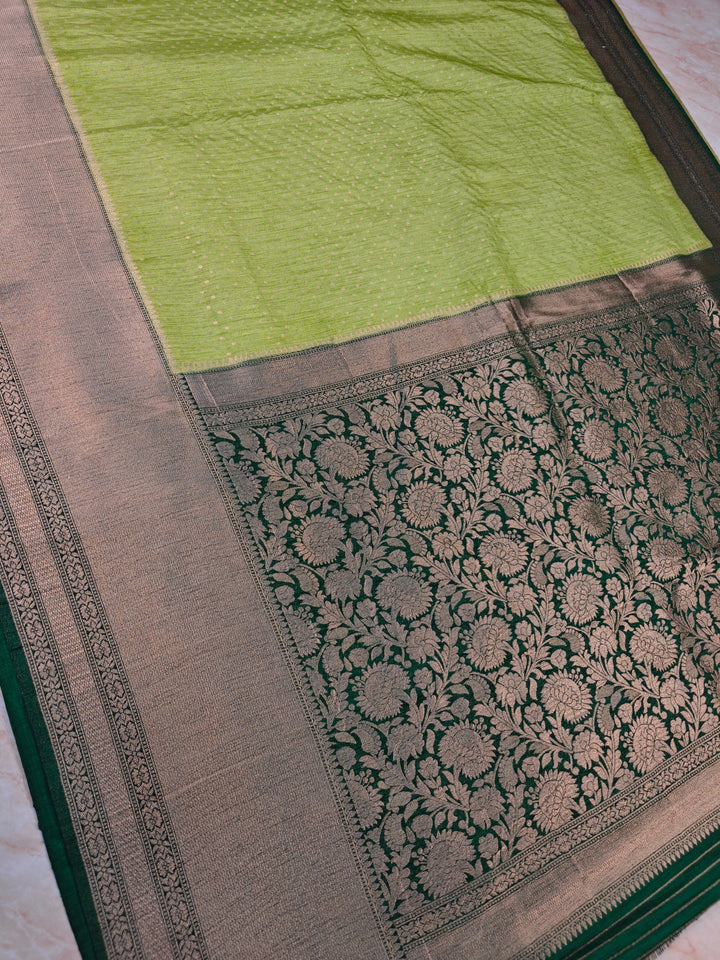 PARROT GREEN COLOUR MATKA LINEN WITH BOTTLE GREEN BORDER