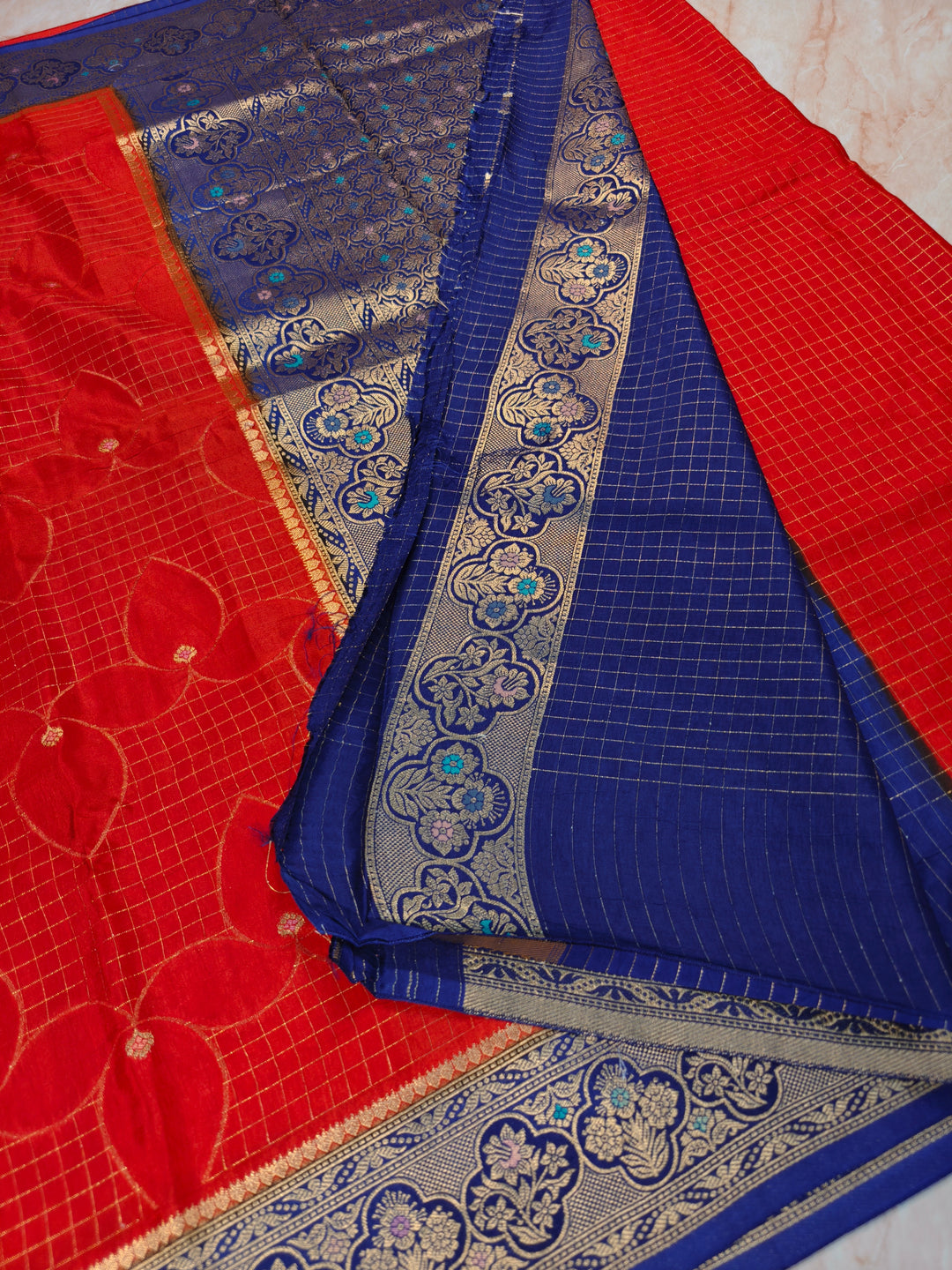 RUSSIAN SILK IN RED WITH NAVY BLUE BORDER