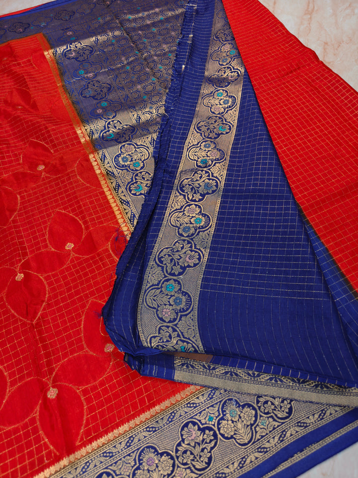 RUSSIAN SILK IN RED WITH NAVY BLUE BORDER