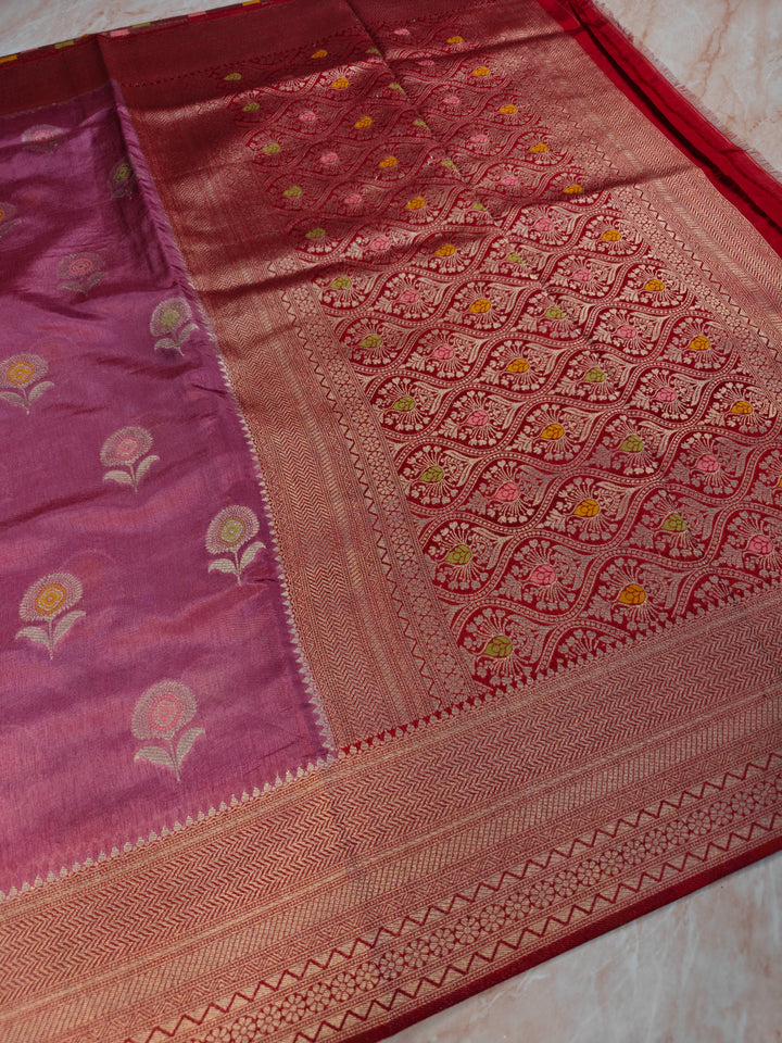 PAPER SILK IN MAGENTA WITH MINAKARI BOOTA AND RED BORDER