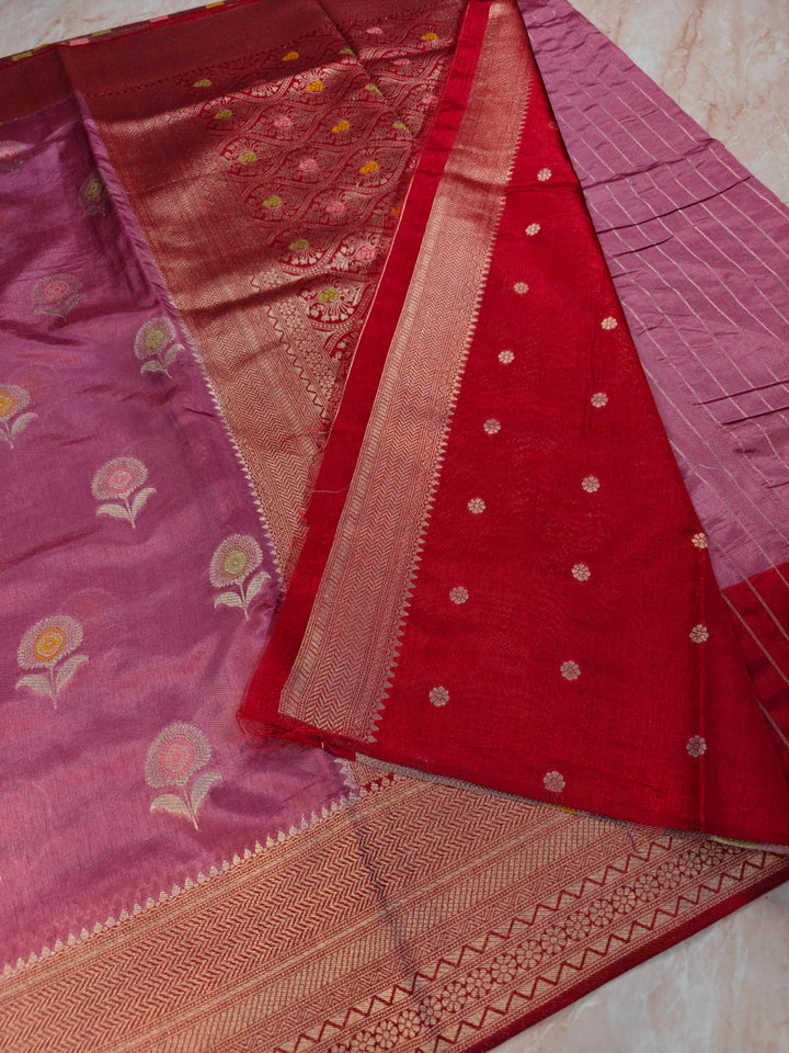 PAPER SILK IN MAGENTA WITH MINAKARI BOOTA AND RED BORDER